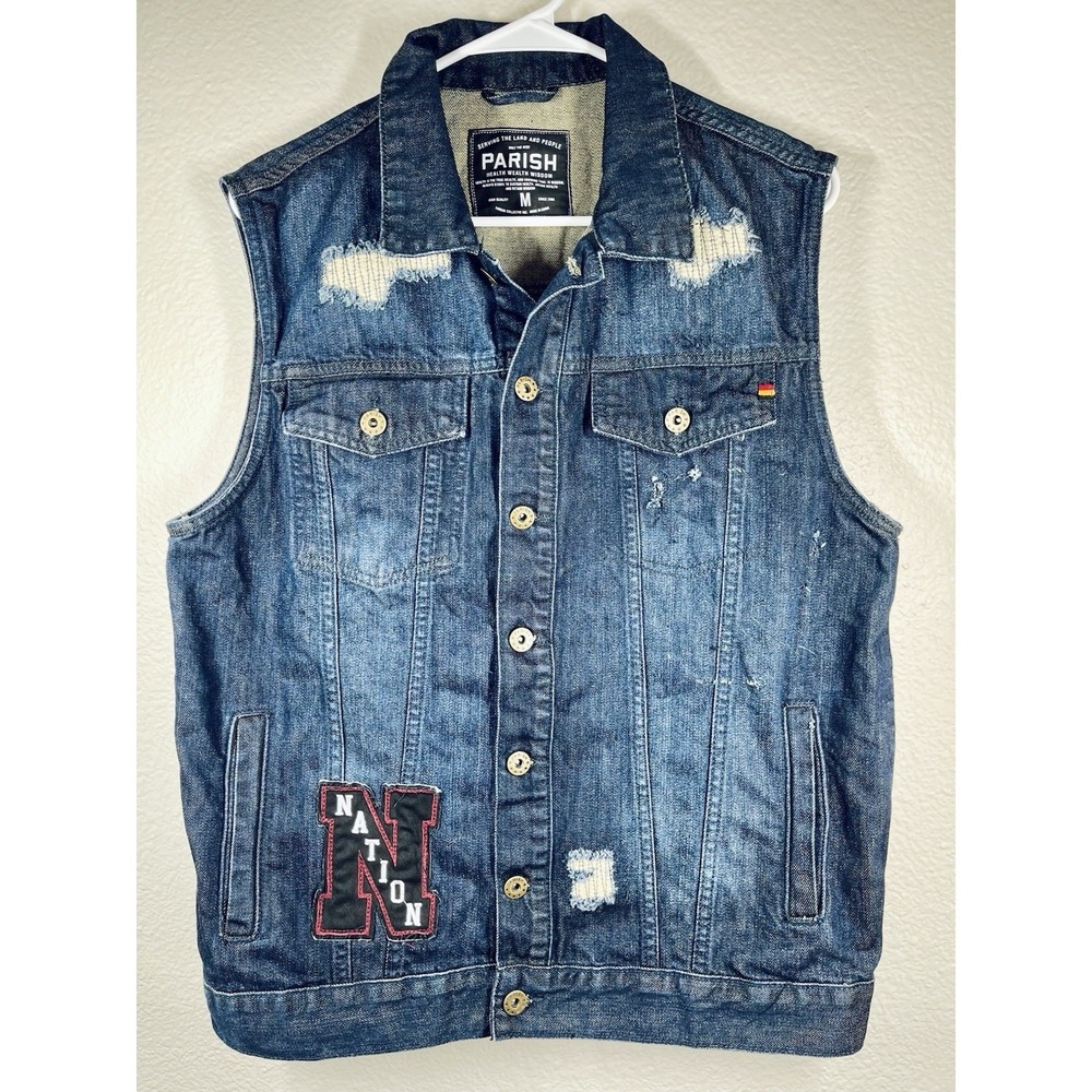 Parish Nation Vest Sz Medium Blue Biker Motorcycle Jean Denim Distressed Mens